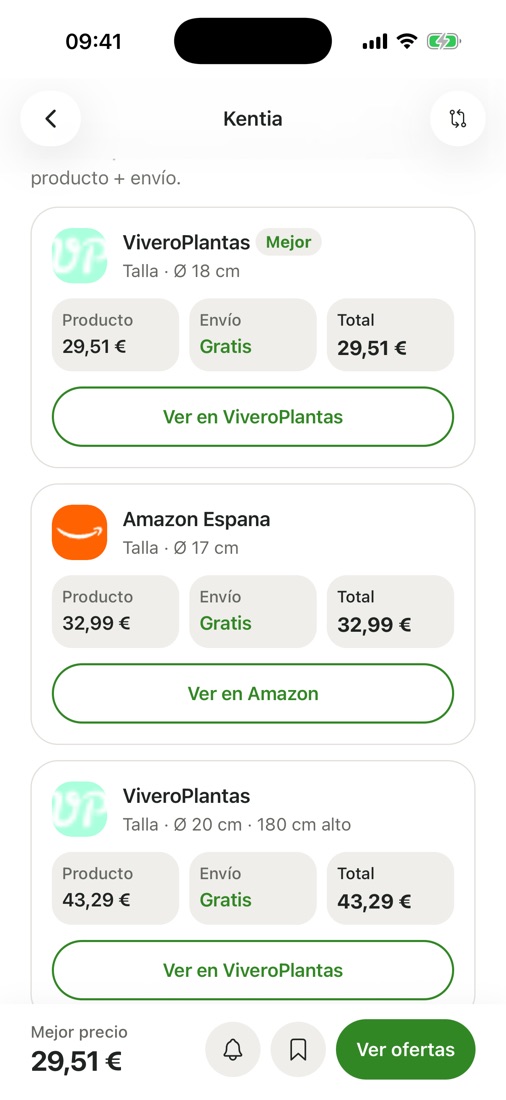 Ofertas de la Kentia en tres tiendas con producto, envío y total